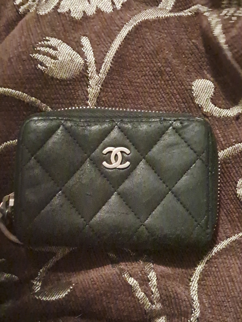 CHANEL Black Quilted Zip Card & Key Holder with CC Logo